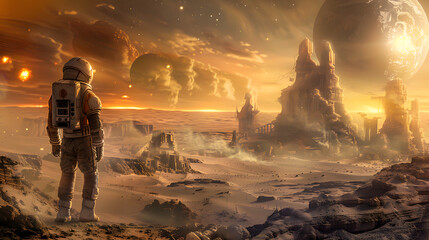 Wall Mural - An astronaut in a spacesuit on the surface of an uncharted planet. AI Generated