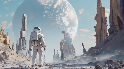 An astronaut in a spacesuit on the surface of an uncharted planet. AI Generated