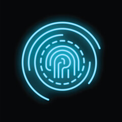 Wall Mural - Blue neon fingerprint glowing on black background representing user identification, biometric security and cyber safety