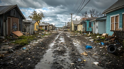 Aftermath of hurricane devastation in residential neighborhood. Debris-strewn street with damaged houses and fallen trees