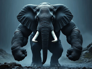 fierce and muscular elephant beast character with fists clenched in the fog