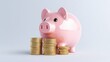 © Tackey - A cute pink piggy bank beside stacks of shiny coins, symbolizing savings and financial security.