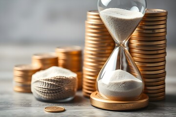 An hourglass with flowing sand next to stacks of gold coins, representing the concepts of time, money, and investment.