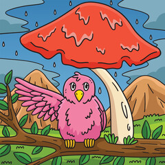 Sticker - Giant Mushroom with a Bird Colored Cartoon 