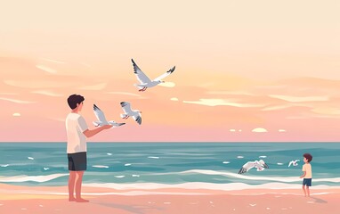 A vector illustration of a man standing on the beach, holding seagulls in his hands and watching them fly away