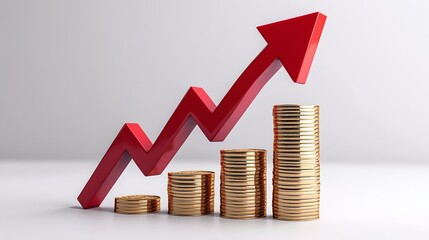 A dynamic growth chart with a rising arrow over stacked coins, symbolizing financial success and investment prosperity. Public debt on economic growth.