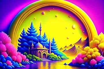 Vibrant fantasy landscape, colorful stylized scenery with mountains and mosque, on bright background, copy space