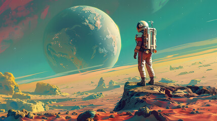 Wall Mural - An astronaut in a spacesuit on the surface of an uncharted planet. AI Generated