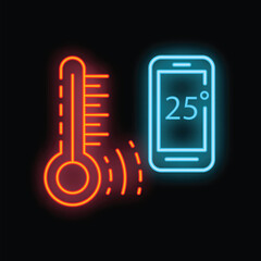 Poster - Neon glowing icon of a smartphone displaying temperature in celsius next to a thermometer, indicating weather forecast or climate control