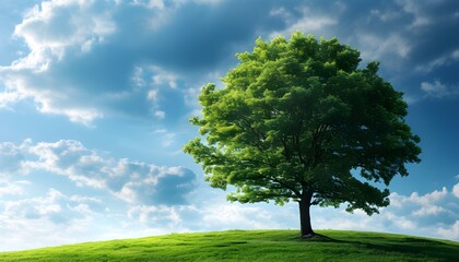 Wall Mural - Lone Tree on Verdant Hill Beneath Cloudy Sky in Serene Summer Landscape