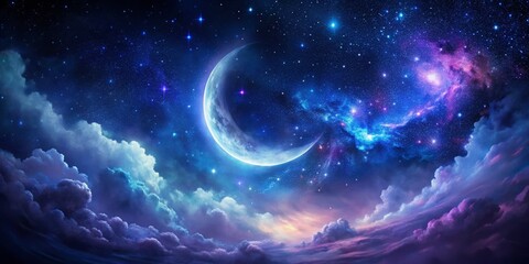 A majestic swirl of blue and purple hues with scattered stars, a crescent moon glowing softly, set against a dark mysterious backdrop of the night sky.