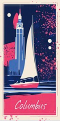 Modern artistic poster featuring a sailboat on the water with the Columbus skyline showcasing vibrant colors and unique design elements