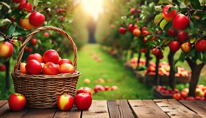 Wall Mural - Rustic apple basket on a wooden table surrounded by a vibrant orchard, celebrating summers harvest and promoting healthy food choices