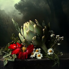 Canvas Print - A still life of an artichoke, red flowers, and daisies on a wooden table against a misty forest backdrop.