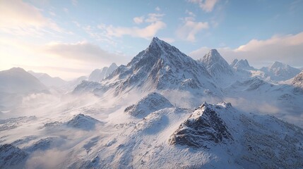 Panoramic snowy mountain landscape with grass and ample copy space image on a chilly winter day.