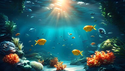 Tropical Underwater Paradise with Sunlit Marine Life and Colorful Fish