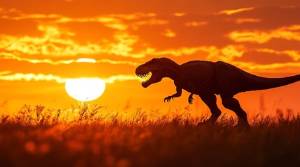 Canvas Print - T. Rex Silhouette Against Orange Sky at Sunset