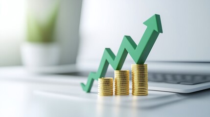 A visual representation of financial growth with coins and an upward arrow, symbolizing investment success and profitability.