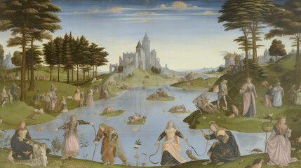 Wall Mural - Interpretation of the painting of the Renaissance, modern technology in ancient times. AI generated.