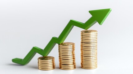 Wall Mural - A visual representation of financial growth with stacked coins and a green arrow indicating upward progress in investments.