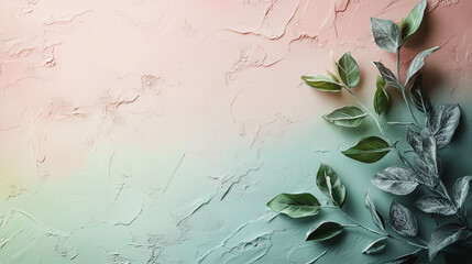 Sticker - Soft Green and Peach Textured Background with Green Leaves