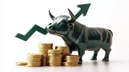 Wall Mural - Bull figurine with rising coins symbolizes financial growth and investment success in the stock market economy. A bullish market trend.