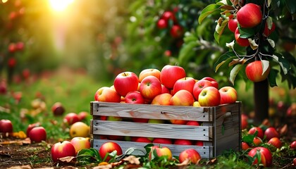 Harvested apples in rustic wooden crate under bountiful orchard, celebrating healthy summer fruits for vibrant farm and harvest-themed designs