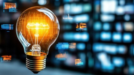 Poster - A glowing lightbulb stands out against a blurred background of digital screens, symbolizing innovation and ideas in a tech-driven world.