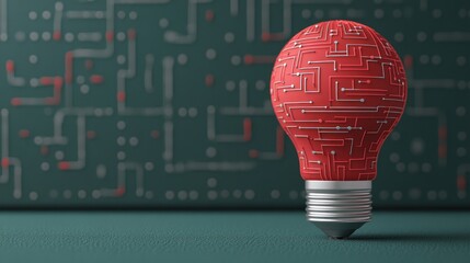 Poster - A stylized red light bulb with circuit patterns stands on a surface, set against a dark background featuring abstract circuit designs.