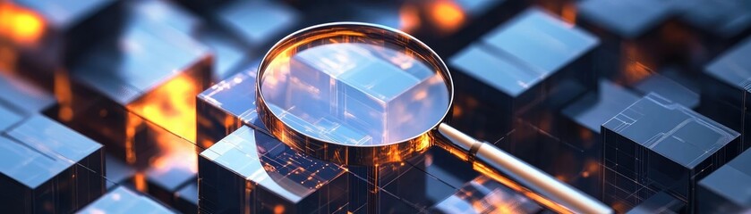 Poster - A magnifying glass focusing on a digital cube, symbolizing technology and innovation in modern computing.