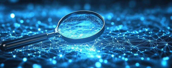 Poster - A magnifying glass focusing on digital connections, representing technology, search, and data exploration in a vibrant blue environment.