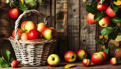 Poster - Nostalgic display of apples in a rustic basket on wooden backdrop with leaves, celebrating farm freshness and healthy summer fruits for vintage-inspired designs