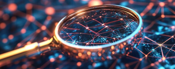 Poster - A magnifying glass highlighting a digital network, symbolizing exploration and analysis in technology and data.