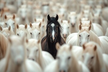 Massive herd of white horses, with one black horse standing out in the center