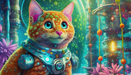 Wall Mural - oil painting style cartoon character illustration Close up of detailed sci-fi suit, futuristic cute real orange cat wearing a robot 