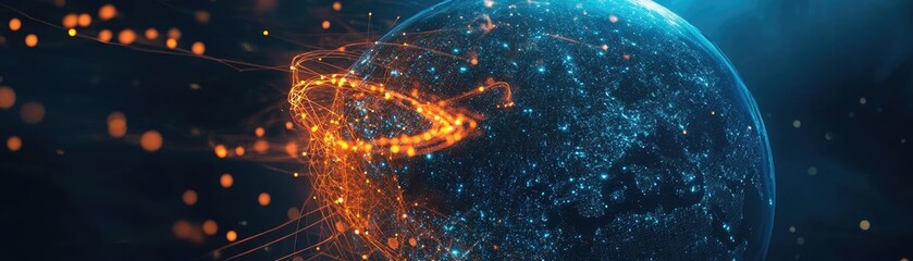Poster - Dynamic visualization of Earth with glowing particles and vibrant colors, representing technology and innovation in a digital world.