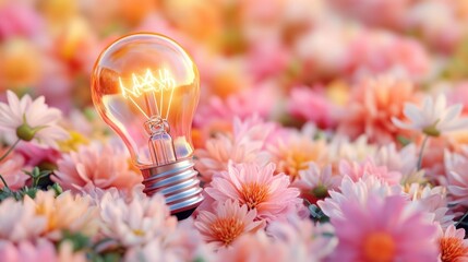 Aufkleber - A glowing light bulb nestled among colorful flowers, symbolizing creativity and inspiration in a vibrant natural setting.
