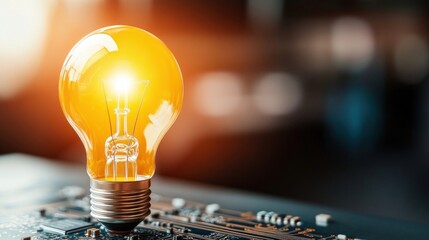 Poster - A glowing light bulb on a circuit board symbolizes innovation and technology, blending warmth with electronics.