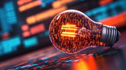 Poster - A glowing light bulb with a vibrant filament stands out against a colorful, digital background, symbolizing innovation and creativity.