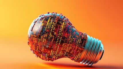 Fototapete - A colorful lightbulb design made of digital patterns, symbolizing innovation, creativity, and technology against a vibrant orange background.