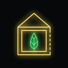 Poster - Glowing neon icon of a green leaf inside a house, representing eco friendly living and sustainability