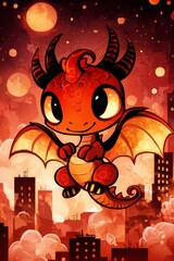 Wall Mural - Cute Red Dragon Flying Over Cityscape