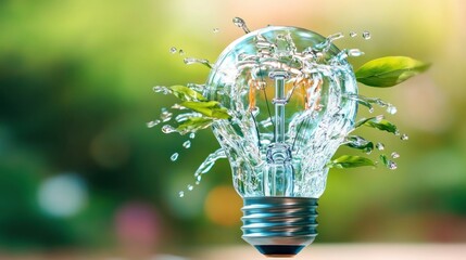 A light bulb filled with water and green leaves, symbolizing eco-friendliness and sustainability in a vibrant, nature-inspired background.