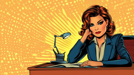 Businesswoman boss sitting at her office desk, illustrated in a pop art retro vector style with comic cartoon vintage kitsch elements.