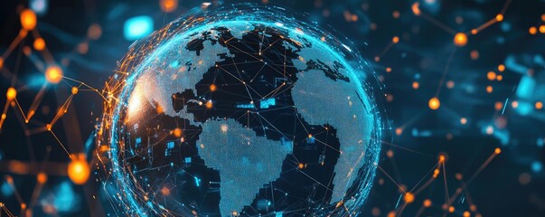Poster - A digital globe concept with glowing connections, illustrating global communication and technology integration in a modern world.