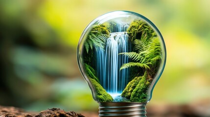 Aufkleber - A light bulb encases a vibrant waterfall surrounded by lush greenery, blending nature and innovation in a captivating design.