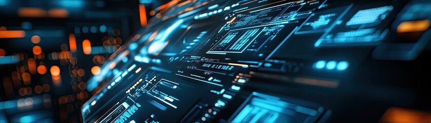 Poster - Futuristic technology interface with glowing data elements and vibrant colors, showcasing digital innovation and modern design.