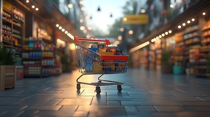 A shopping cart filled with groceries sits in the middle of a supermarket aisle.