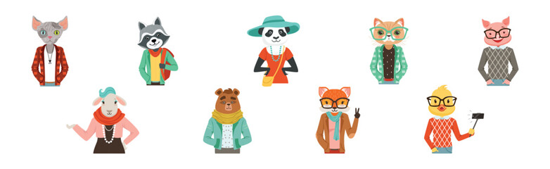 Sticker - People Character with Animal Heads and Trendy Clothes Vector Set