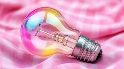 A colorful light bulb rests on soft pink fabric, showcasing a blend of style and creativity.